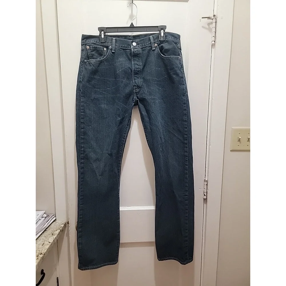 Levis 501 Jeans Mens 36x34 Relaxed Straight Denim Button Fly Blue DarkWash
